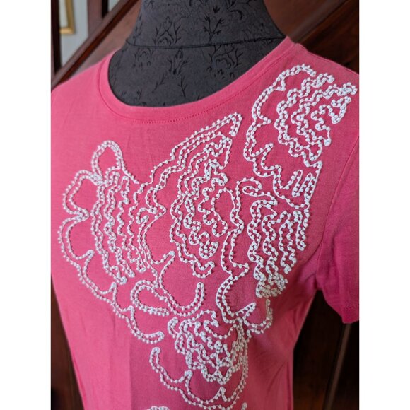 Talbots Pink Short-Sleeve Embellished T-Shirt White Beaded Floral Design M - Picture 3 of 4